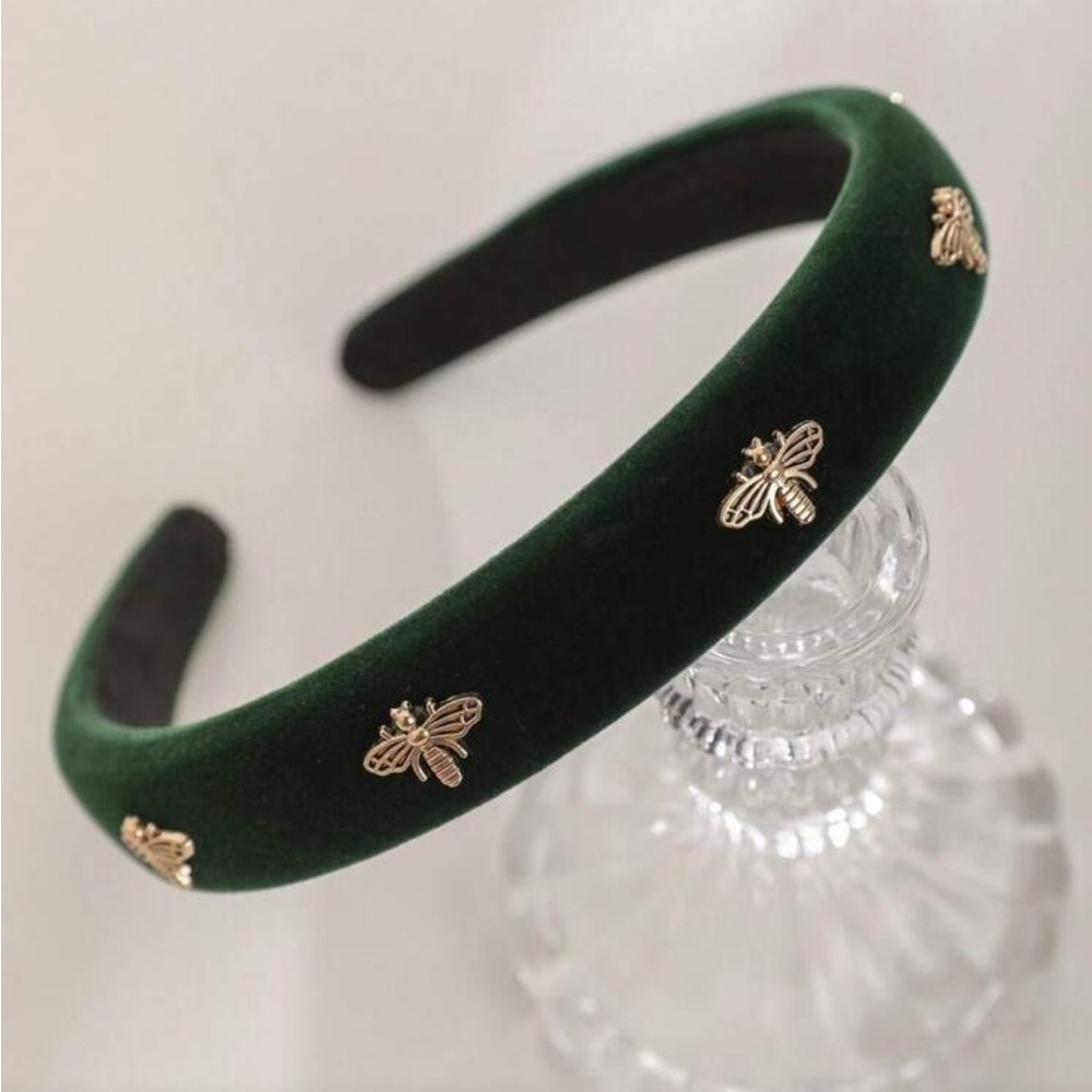 Elegant Green Velvet Headband with Gold Bee Accents - Picture 1 of 11